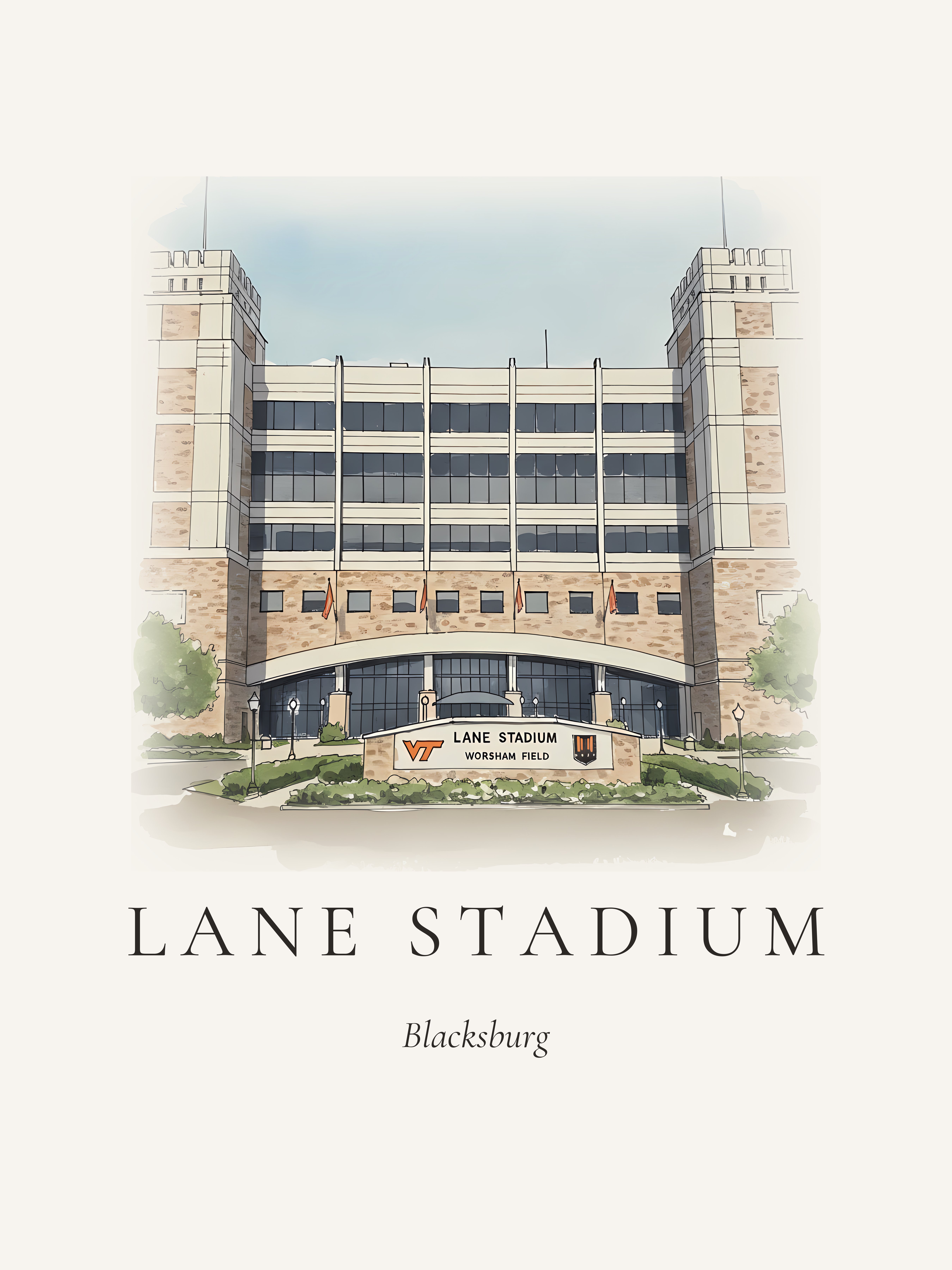 Ink and wash print, order lane-stadium-blacksburg